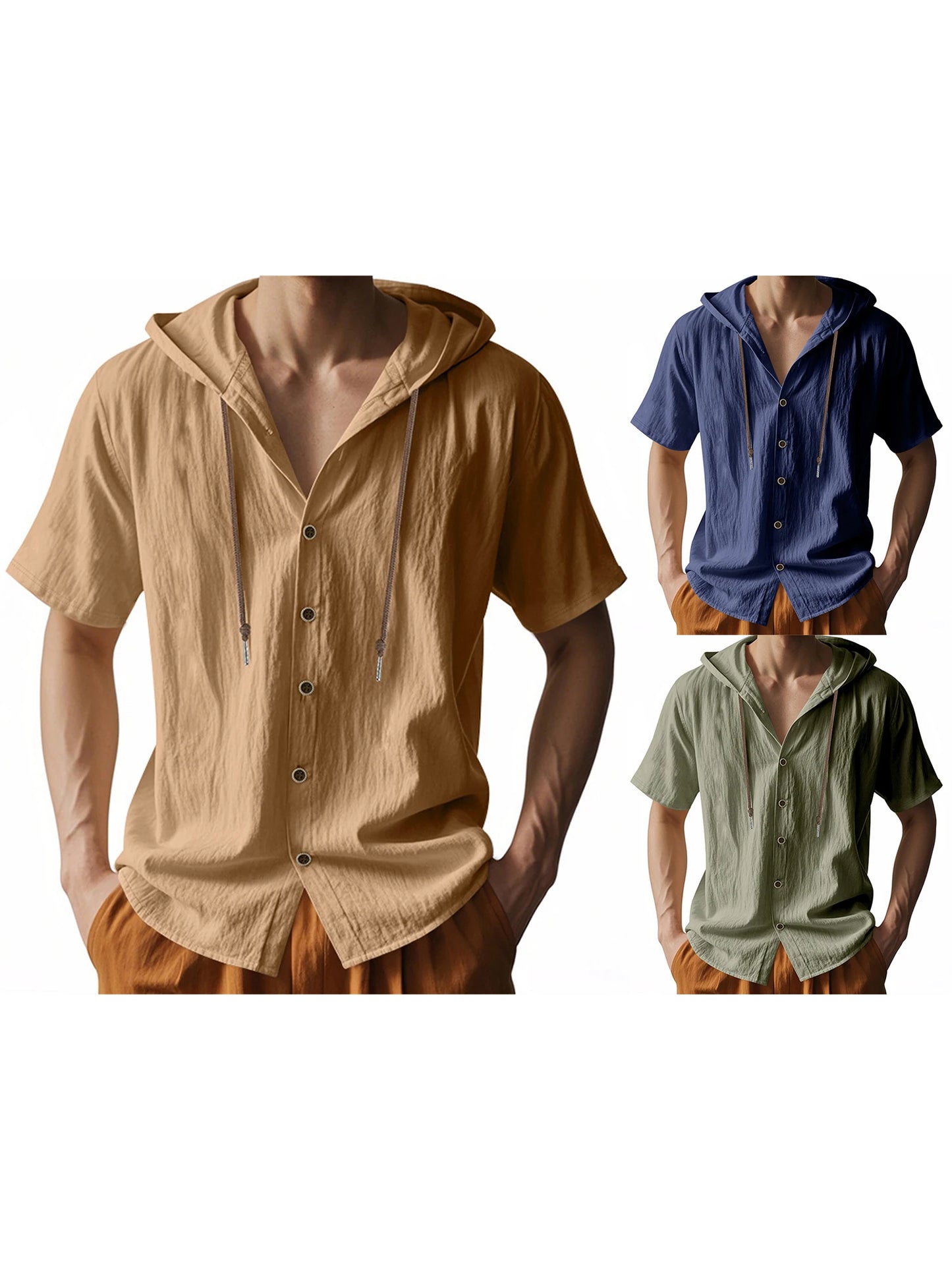 Men s Short Sleeve Hooded Shirt with Button Closure Solid Color Summer Top for Casual Daily Wear and Outdoor Activities