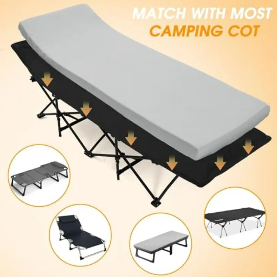 Camping Cot Mattress: 2in Memory Foam Sleeping Pad for Outdoor Use, Soft Warm Gray Non-Slip Topper with Retaining Edge, Portabl