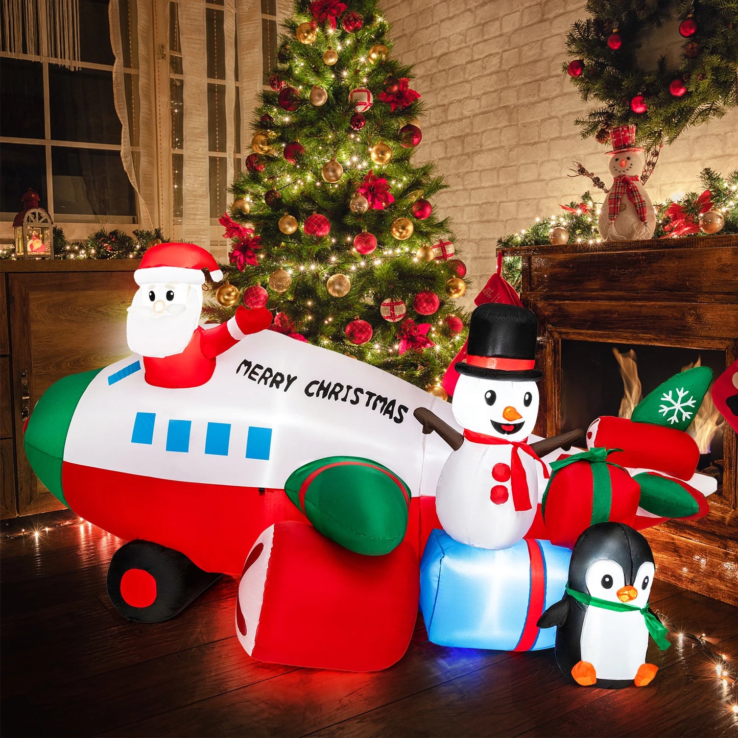 9FT Inflatable Christmas Santa Claus on Helicopter w/ Snowman Penguin LED Lights