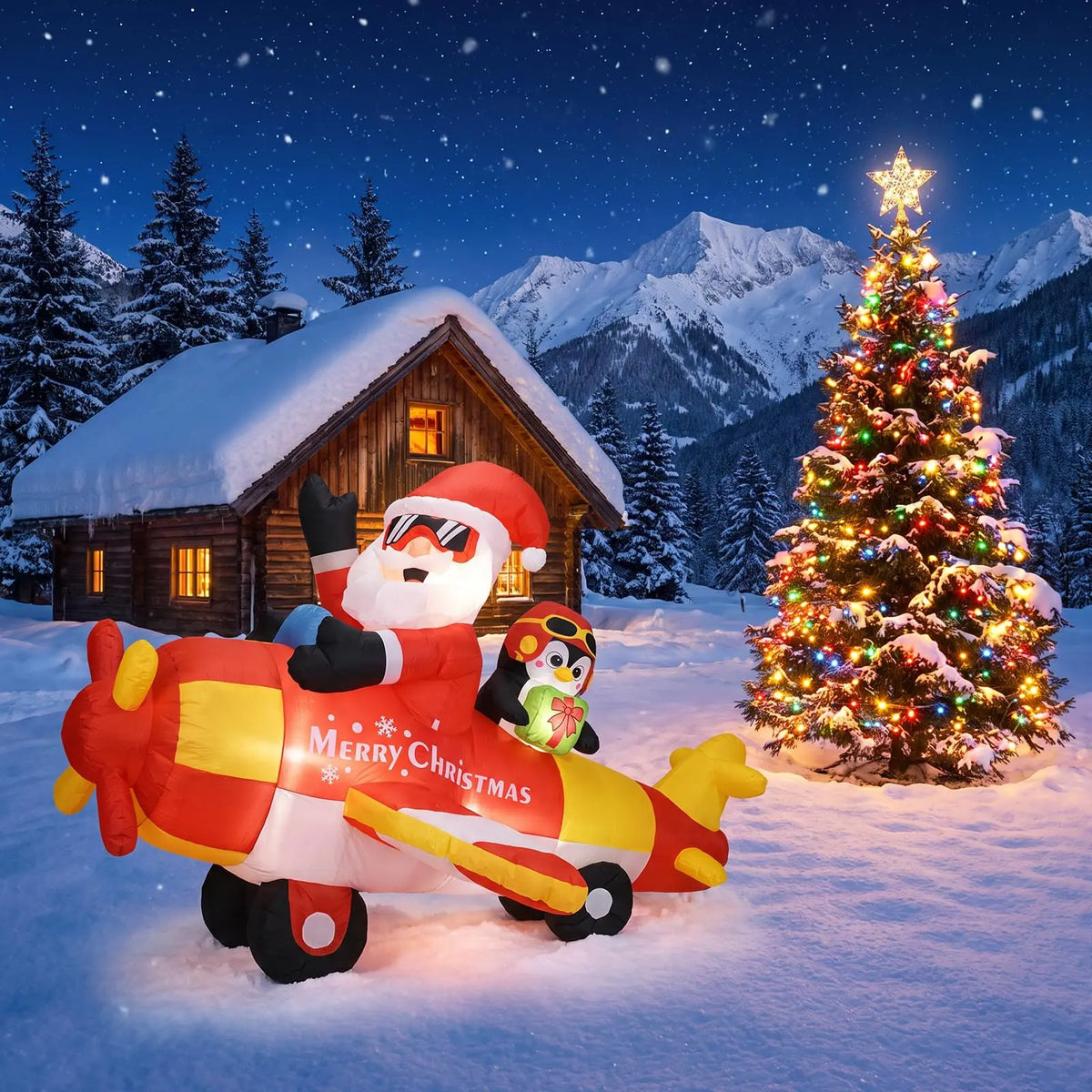 8FT Christmas Inflatable Santa Airplane With Penguin Gift Box LED Outdoor Decor