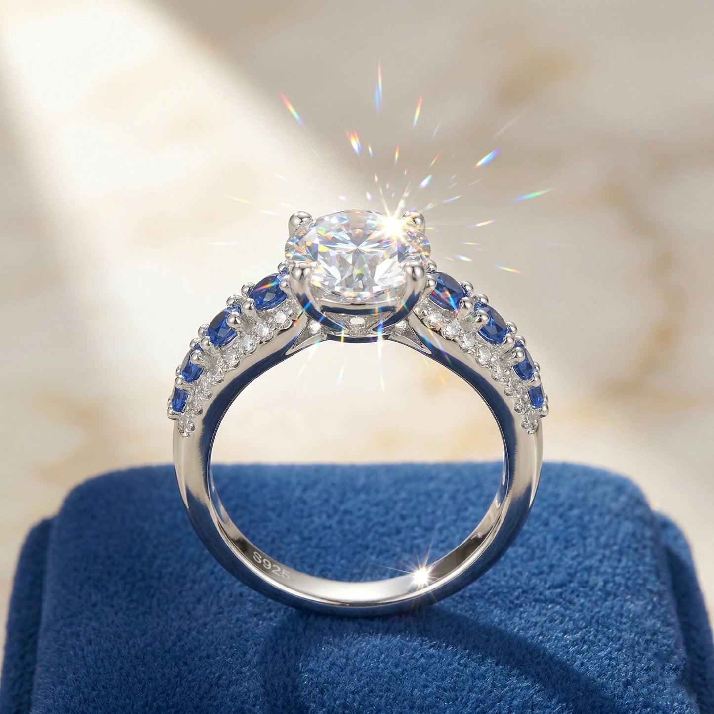 Moissanite Ring, 925 Silver, D Color VVS1, 3ct Sapphire Side Stones, Engagement Jewelry, Women's, Pass Diamond Tester