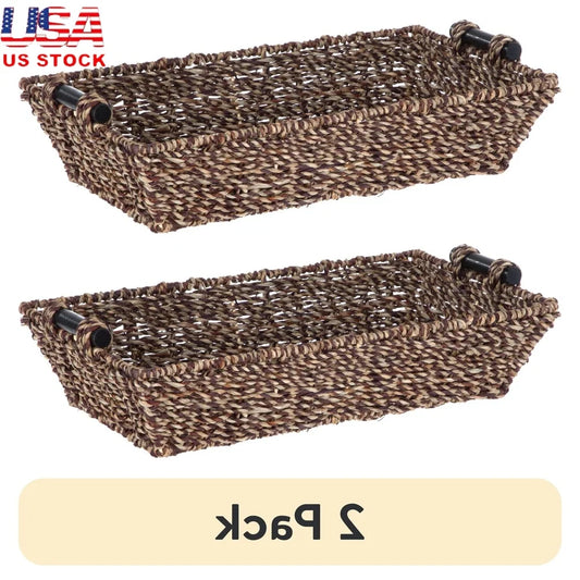 2 Pack Rectangular Woven Seagrass Storage Basket with Wooden Handles Organizing Home Décor Bathroom Supplies Craft Items