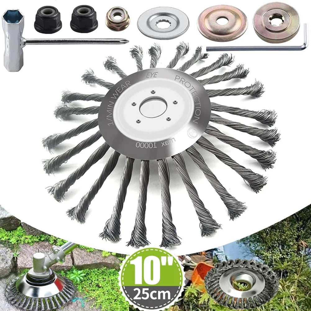 Universal 10inch Knot Steel Wire Grass Trimmer Head Steel Wire Wheel Weed Brush Cutter Head Lawn Mower Brush Cutter Accessories