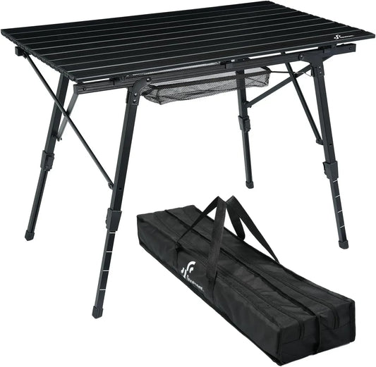 Camping Tables That Fold Up Lightweight, Adjustable Height Aluminum Folding Table with Top Mesh Layer, Roll Up Camping Table for