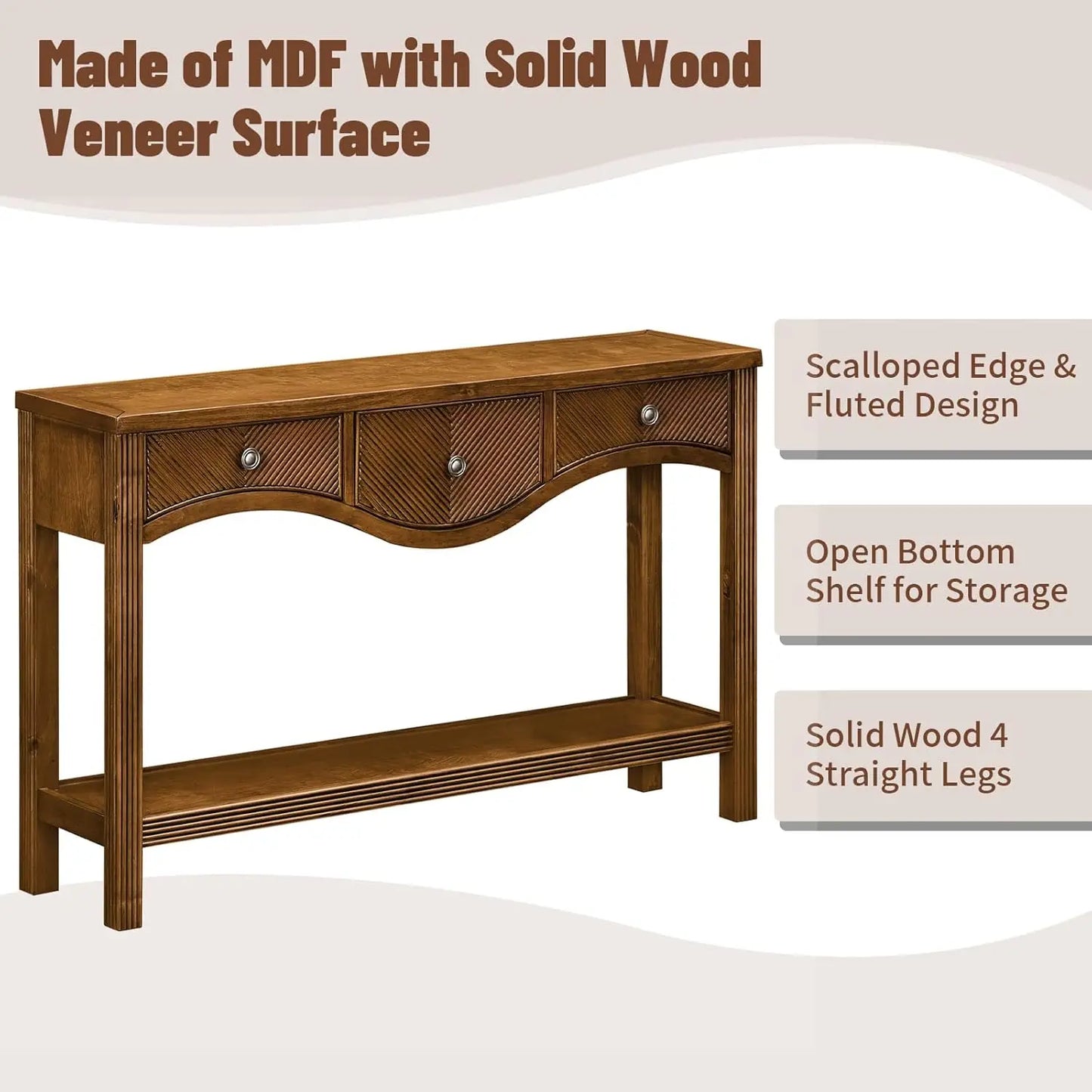 52" Fluted Solid Wood Veneer Console Table with 3 Drawers, Retro Entryway Sofa Table with Scalloped Edge & Solid, Customized