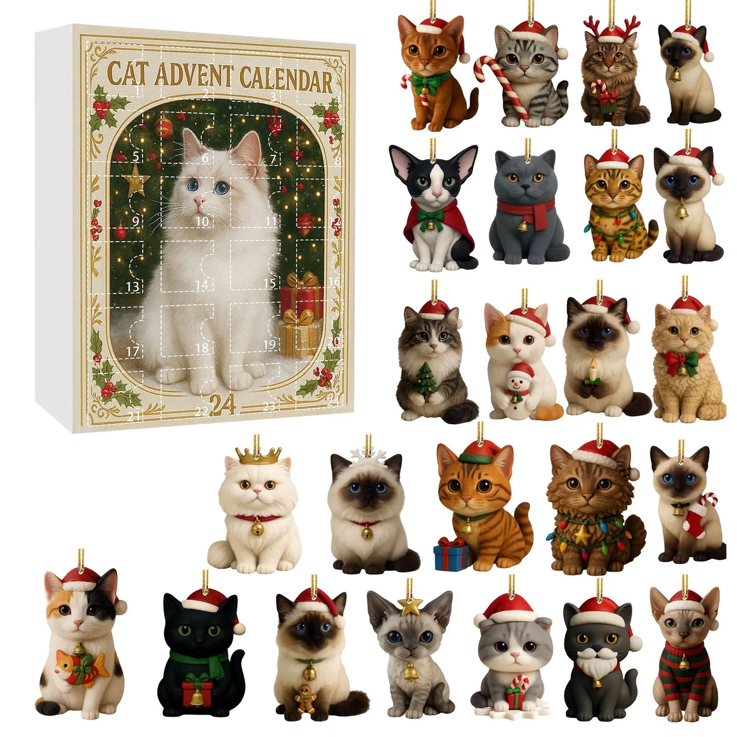 2025 Cat Christmas Countdown Calendar with 24 Ornament 24 Days Christmas Countdown Calendar Xmas Advent Calendar for Xmas Gifts