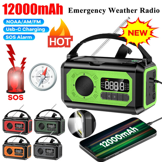 12000mAh AM/FM/NOAA emergency radio survival with crank battery operated radio solar Hand Crank SOS Alarm small portable radio