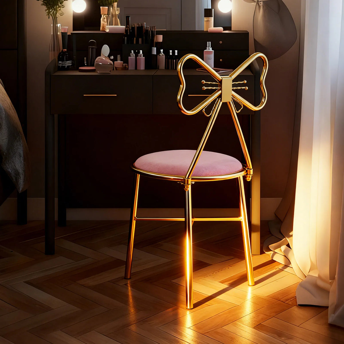 Pink Butterfly Back Flannelette Vanity Stool Makeup Chair for Bedroom Dresser
