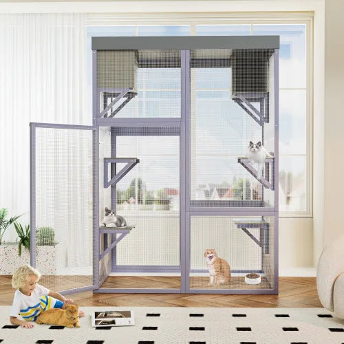 Wooden Cat Enclosure (Outdoor/Indoor): 4 Platforms, 2 Napping Houses, 2 Locks, Rounded Corners