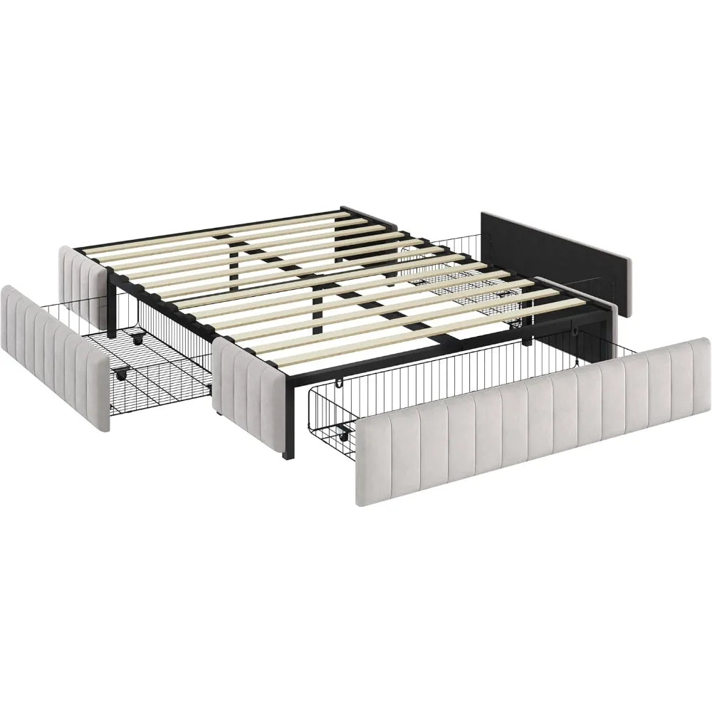Yaheetech Full Bed Frame Upholstered Platform Bed with 3 Storage Drawers, Large Storage Space/Strong Wooden Slats/Non-Slip and N