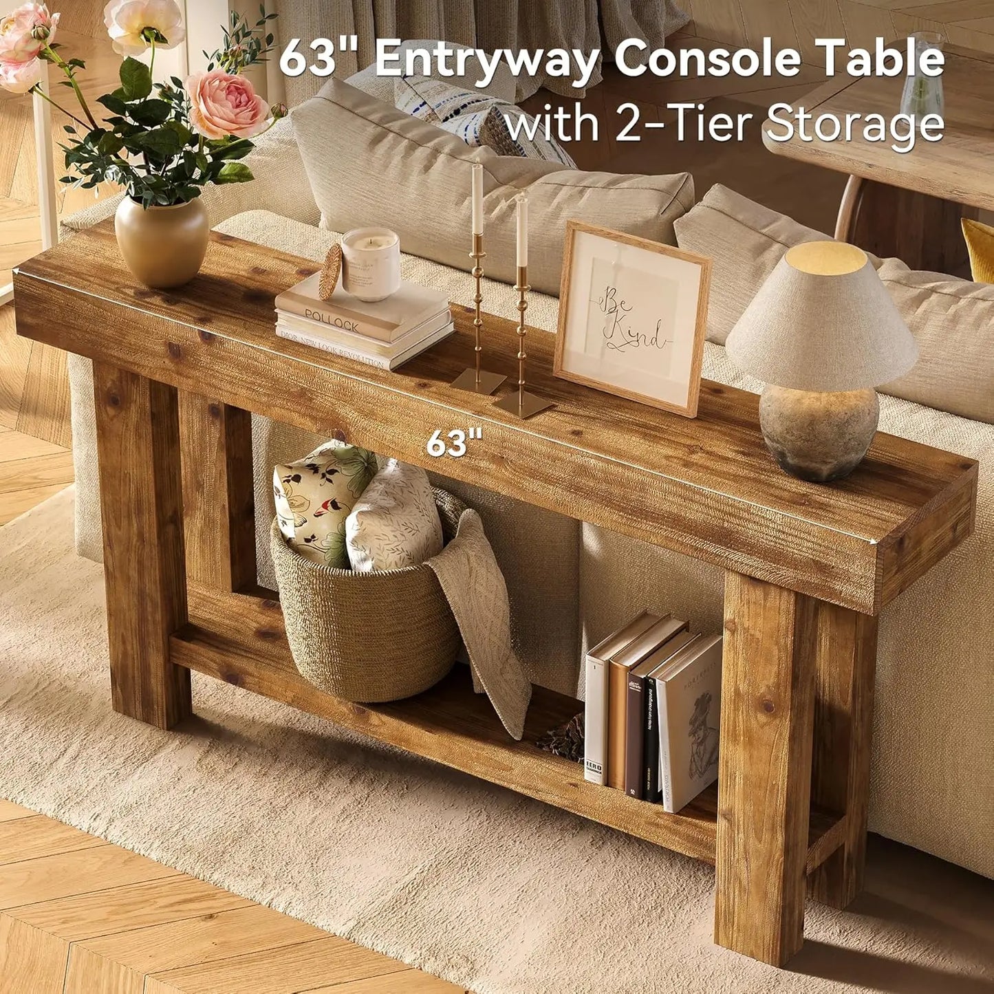 63-Inch Solid Wood Long Console Table, Farmhouse Narrow Entryway Sofa Table with 2-Tier Storage, for Living Room,, Customized