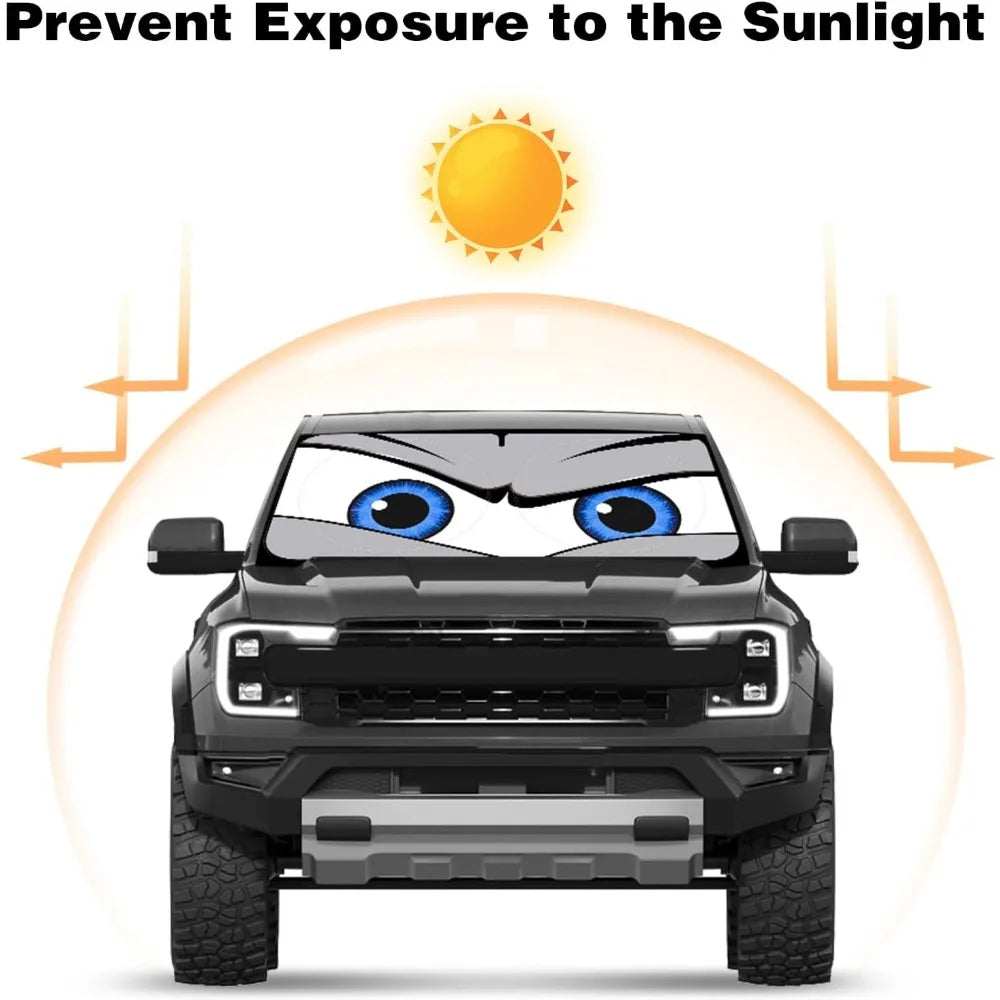 Foldable Car Windshield Sunshade with Funny Eyes Design Wear-Resistant Black Tape 59x27 or 63x31