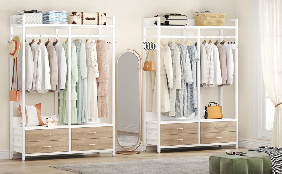 Tribesigns Freestanding Closet Organizer for Hanging Clothes, Heavy Duty Garment Rack with Drawers, 8 Hooks and Storage Shelves