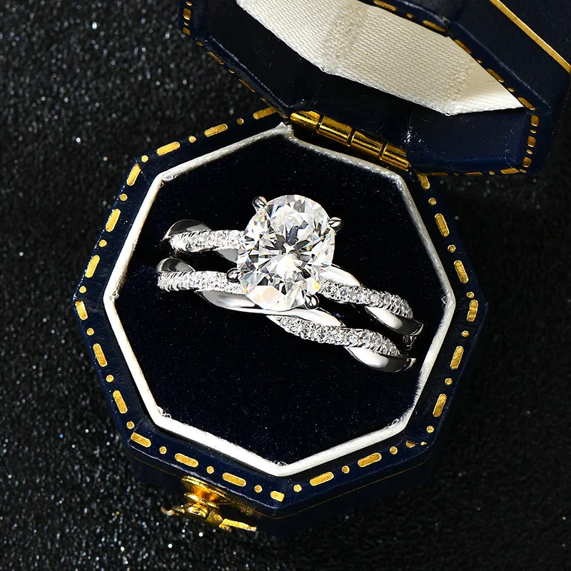 Oxtao 2CT Oval Cut Moissanite Engagement Ring Set D VVS1 Sterling Silver