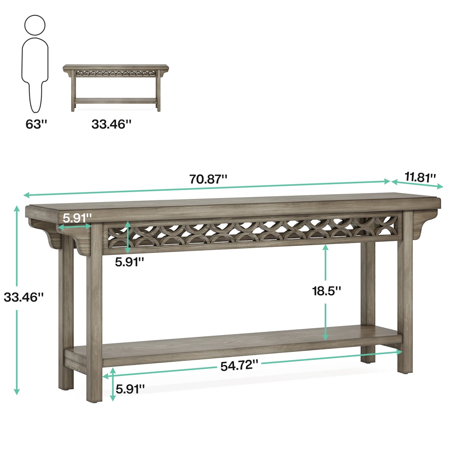 LITTLE TREE 70.8-Inch Solid Wood Long Console Table, Farmhouse Entryway Table with Storage, Narrow Sofa Table Grey Couch Table