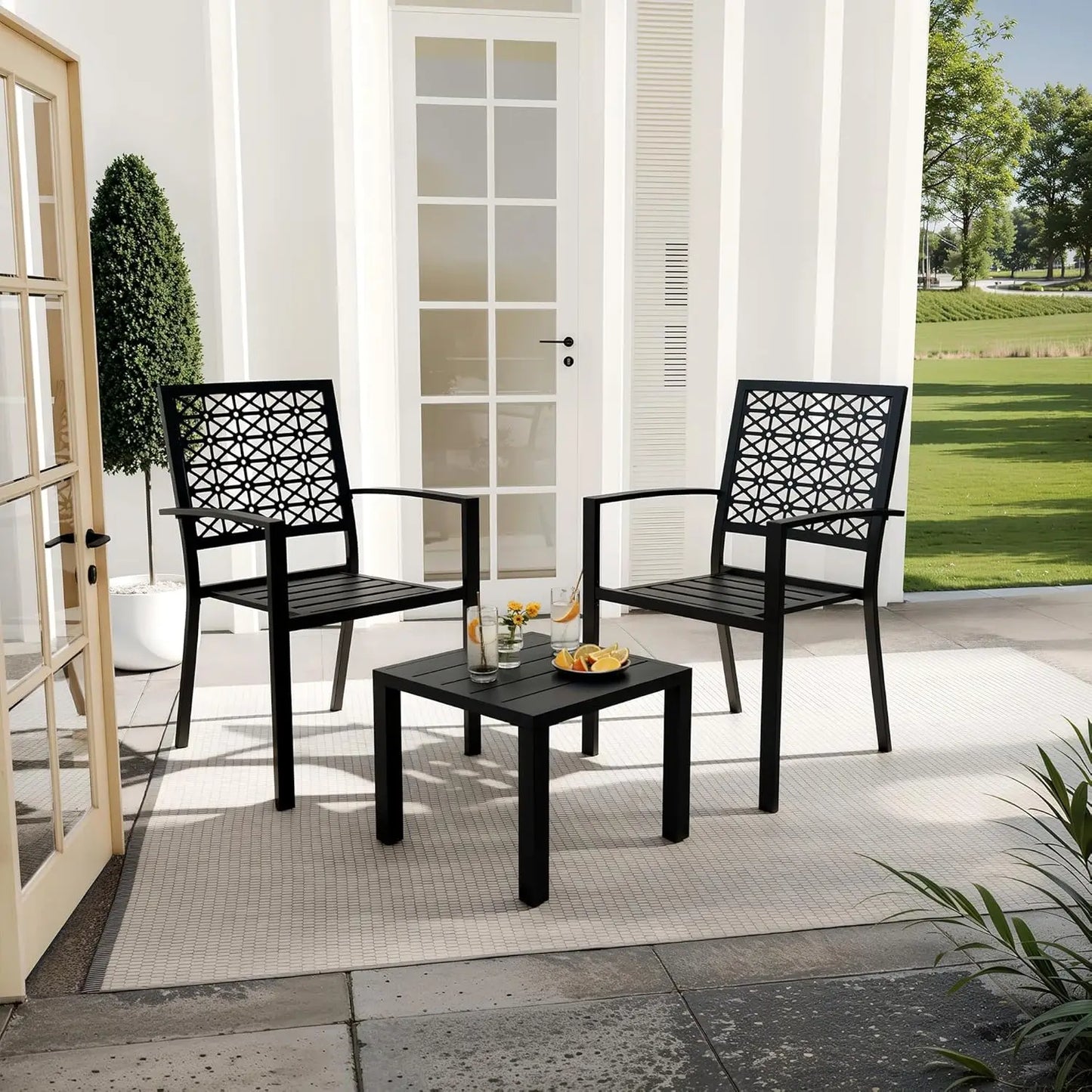 3-Piece Outdoor Bistro Set,Stackable Modern Metal Patio Furniture Set, 2 Chairs&Coffee Table,for Backyard Balcony Garden Lawn