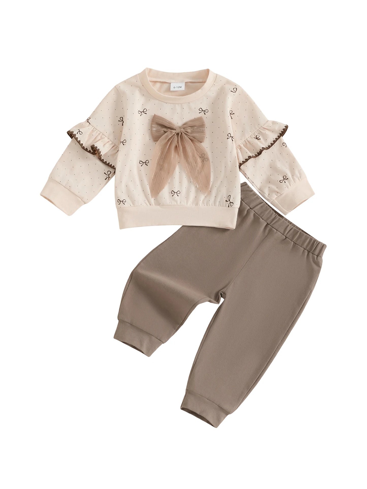 Adorable Toddler Girl Autumn Ensemble with 3D Bow Print Top and Elastic Waist Pants - 2 Piece Set for Fall Fun