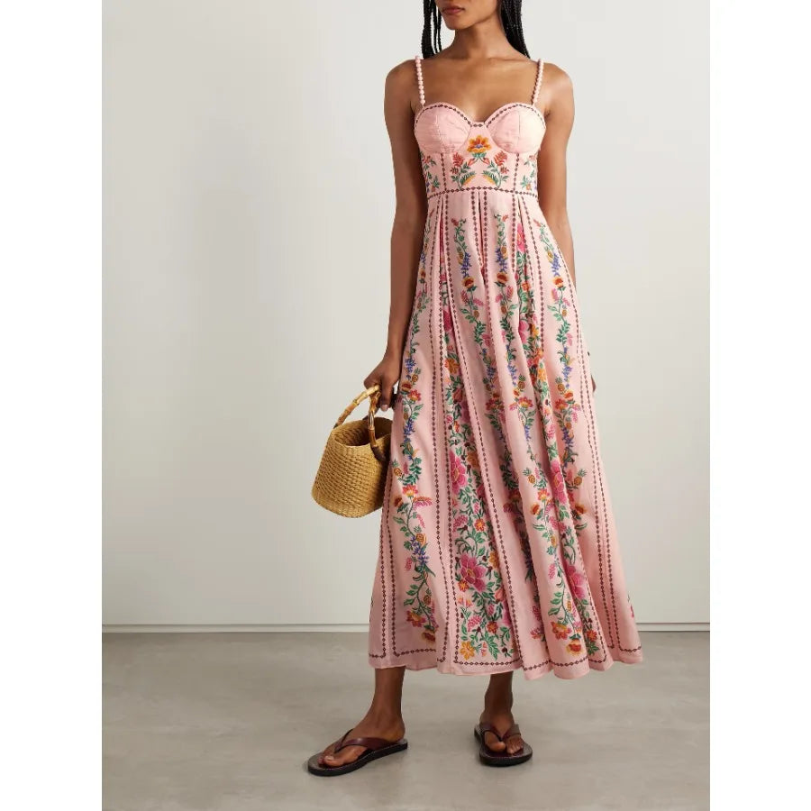 -  New European and American sexy decorative beads suspender positioning printed holiday dress for women