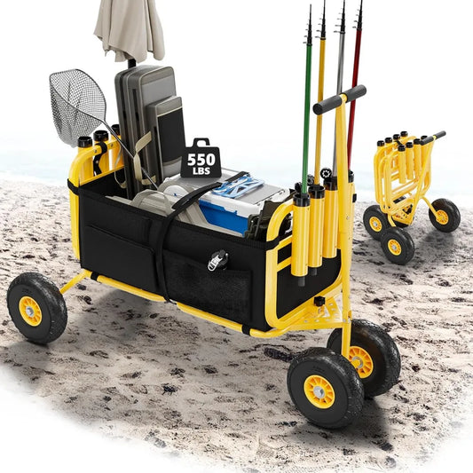 Hot Sale - Fishing Cart, Foldable Trolley with 11" Airless Tires, Beach Trailer with Large Cargo Basket, 550 lbs Load Capacity