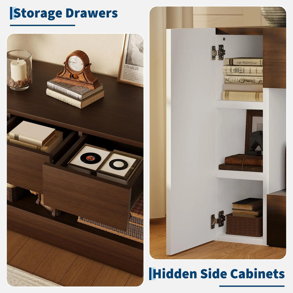 63 Inch Farmhouse TV Stand For 70 Inch TV, Entertainment Center With Drawers, Side Cabinets & Open Shelf Media Console