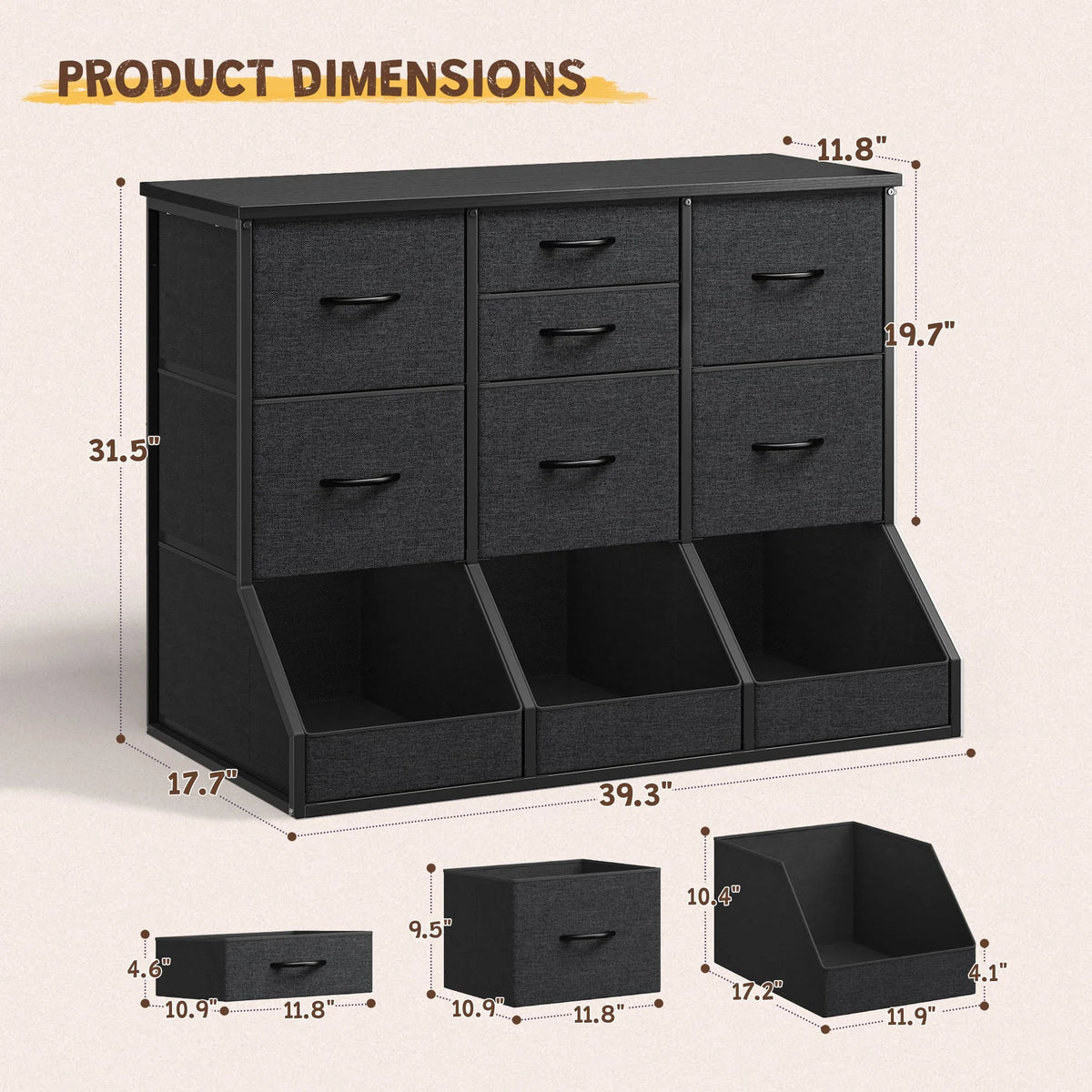 EnHomee 10-Storage Fabric Dresser – 7 Drawers & 3 Open Compartments, Wood Top & Metal Frame – 39.3"W x 17.7"D x 31.5"H – For Bedroom, Entryway, Hallway