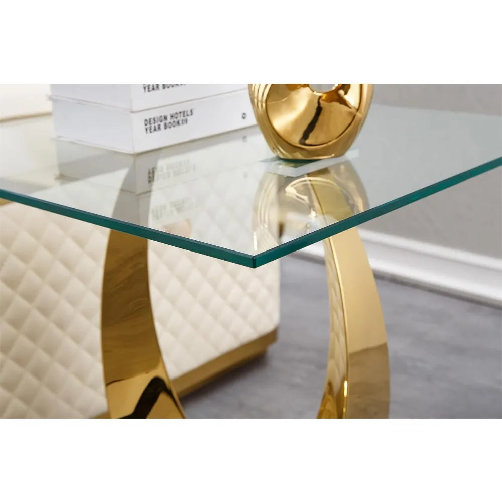 1 Piece Living Room End Table Luxury Glass Side Table, Modern Gold End Table with Half Moon-Shape Stainless Steel Pedestal
