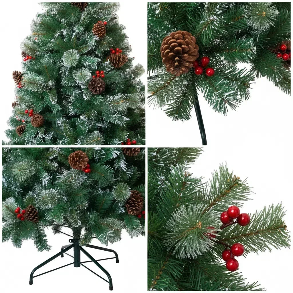 7FT Unlit Artificial Christmas Tree w/ Pinecones and Red Berries,Full Realistic Spruce Xmas Holiday Decor,Easy Setup Metal Stand