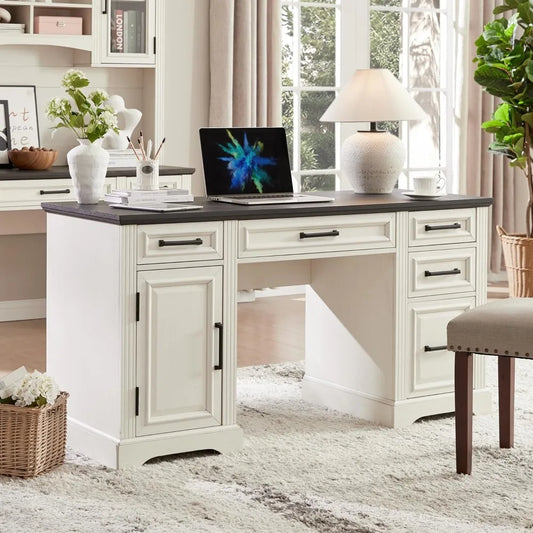 58" Executive Desk, Farmhouse Computer Desk with Drawers and Cabinet, Embossed Texture Home Office Desk, Workspace for Work Stu