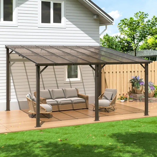 10x14 FT Wall Mounted Gazebo, Lean to Gazebo Hard Top, Decks, Porch and Backyard