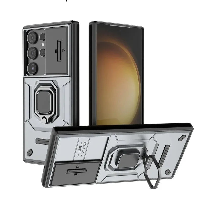 Slide Camera Armor Case For Samsung Galaxy S25 Ultra S24 FE S23 Plus A54 A55 M56 A26 A36 A56 5G Lens Protect Magnetic Ring Cover