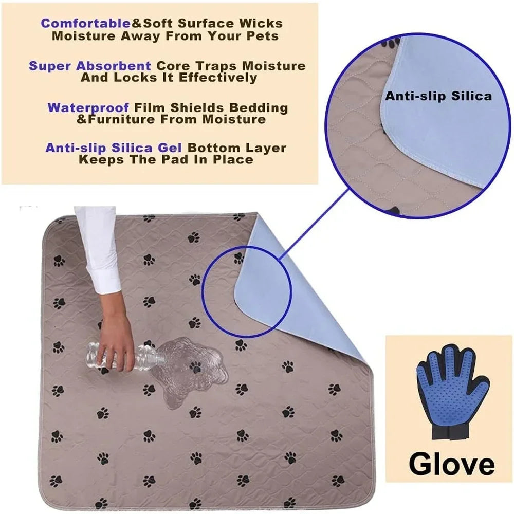 Washable Dog Pee Pads with Puppy Grooming Gloves Reusable Pet Training Pads Waterproof Absorbent Anti-Slip Floor Protection