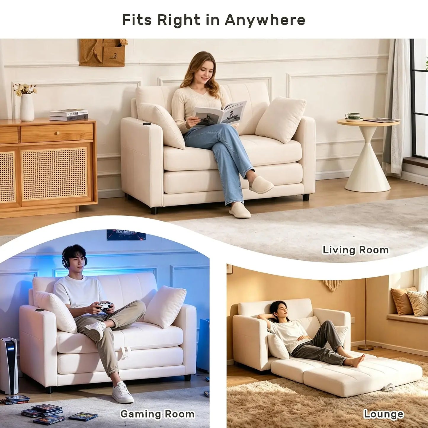 52" Convertible Loveseat Sofa Bed, 2 in 1 Sleeper Couch, Side Pockets, Space-Saving, Folding Sofa Bed with USB Port, Customized