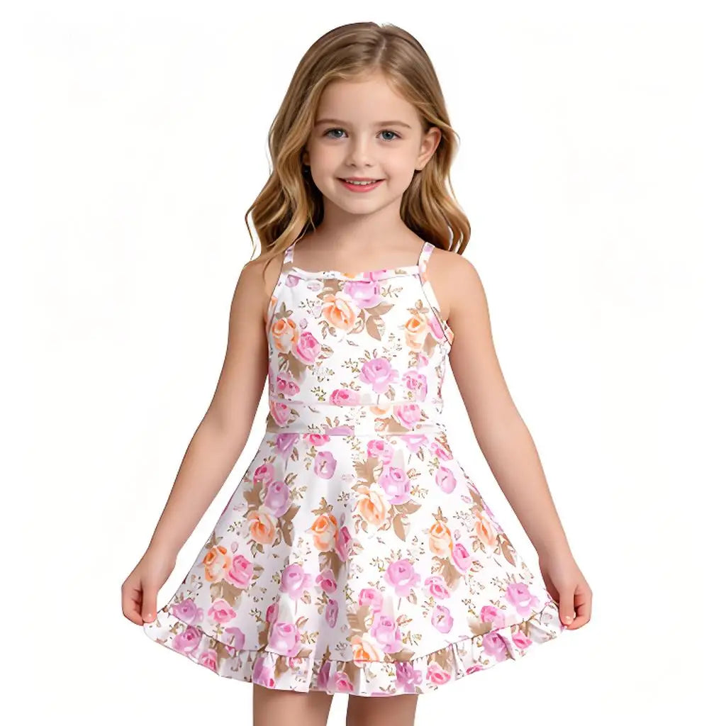 Girls Floral Printed Casual Dress Soft Sleeveless Dress for Kids