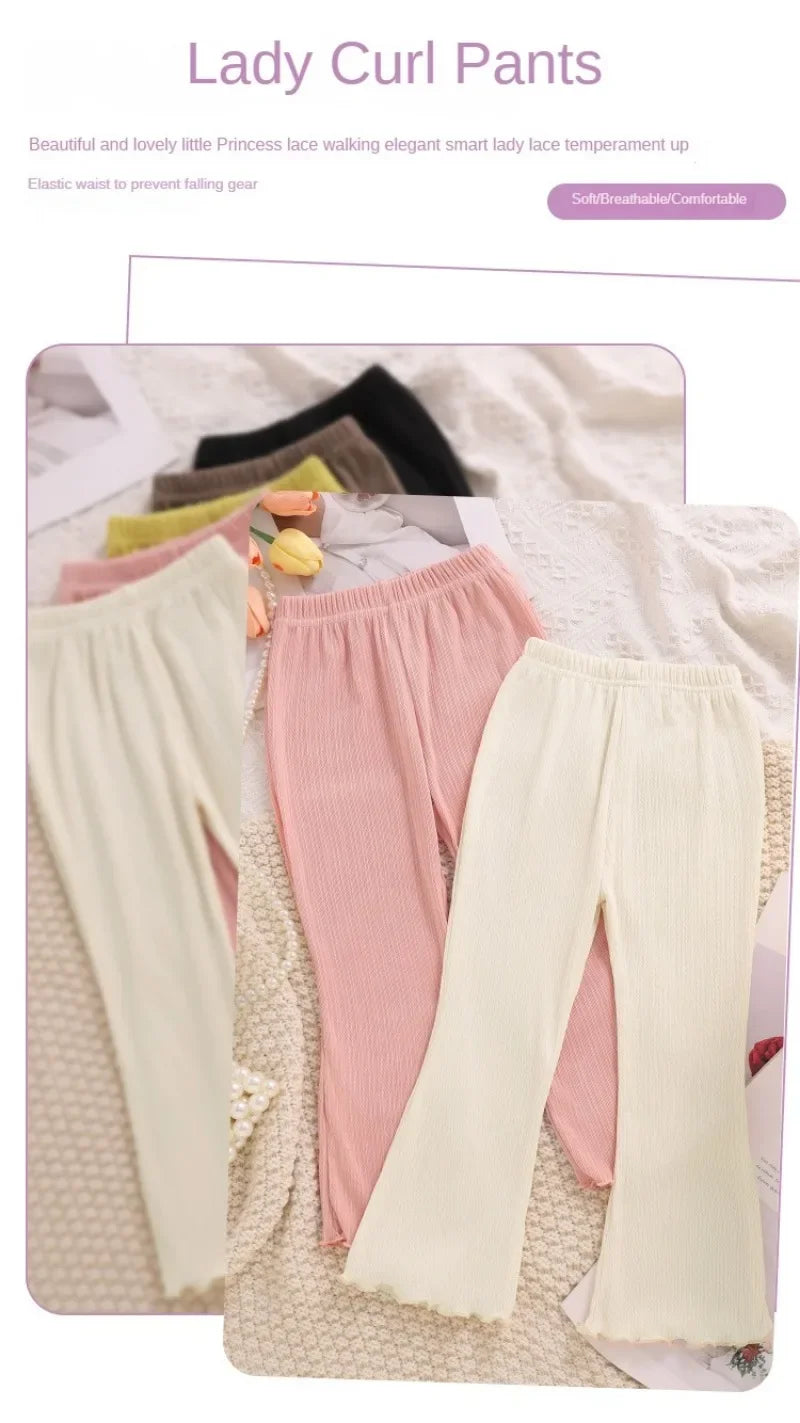 Children Summer Solid Color Thin Ribbed Knit Flared Pants Girls Casual Trousers Korea Fashion Pants Girl Princess Style Capris