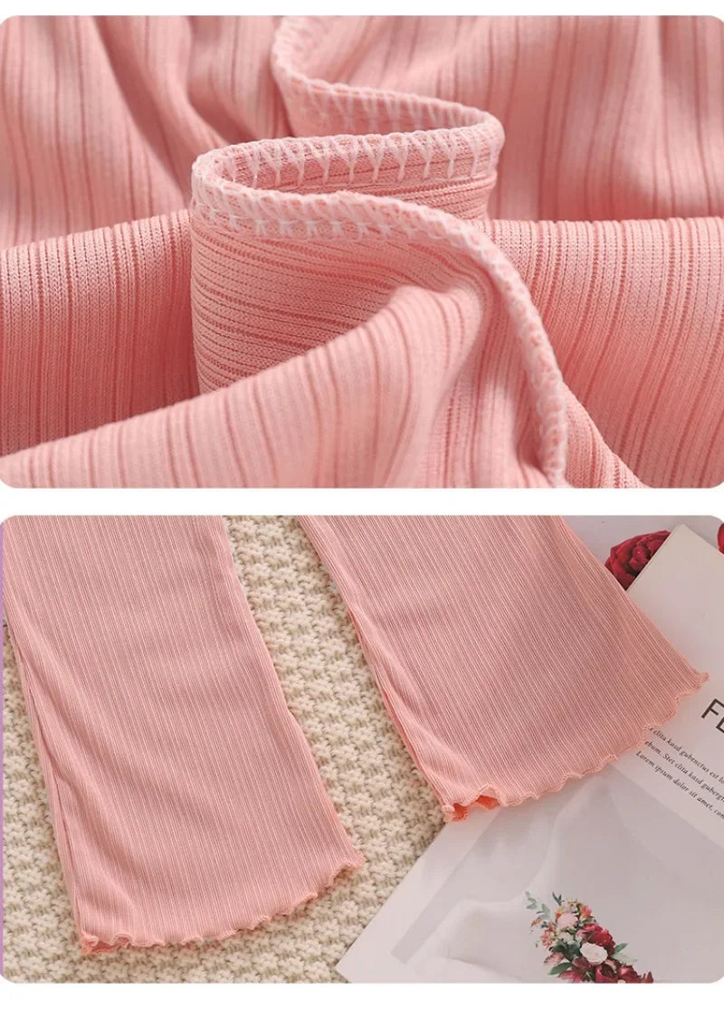 Children Summer Solid Color Thin Ribbed Knit Flared Pants Girls Casual Trousers Korea Fashion Pants Girl Princess Style Capris