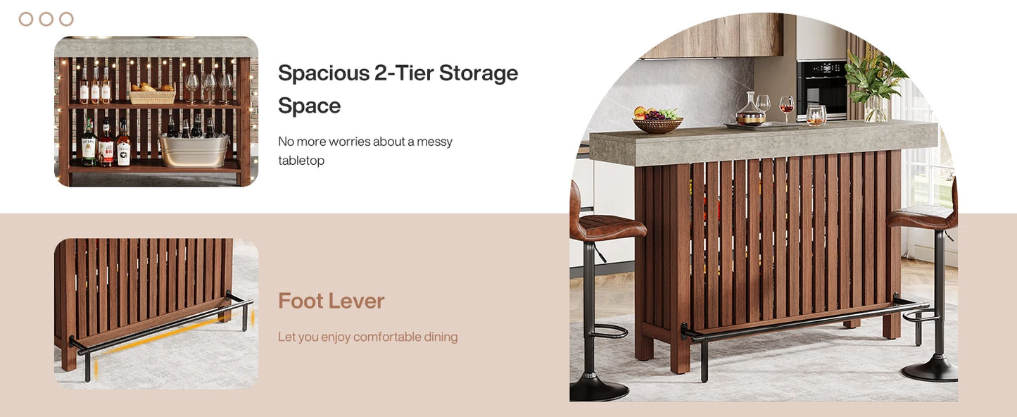 LITTLE TREE 63-Inch Large Home Bar Unit,2-Tier Kitchen Island Mini Bar Height Pub Table with Footrest, Modern Coffee Bar Cabinet