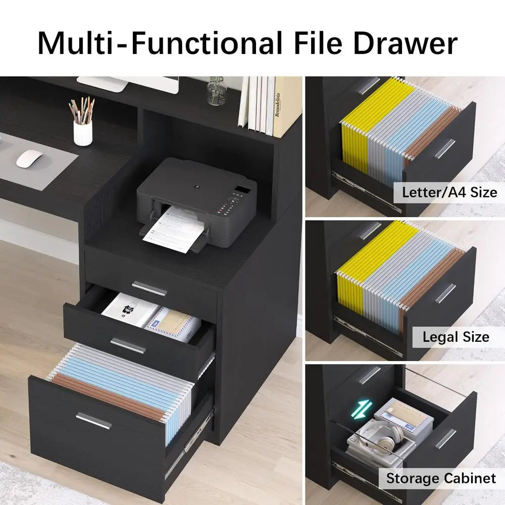 Computer Desk with 3 Drawer amp Storage Shelves, Home Office Desk with File Drawer amp Cabinet, Writing Study Table with Long M