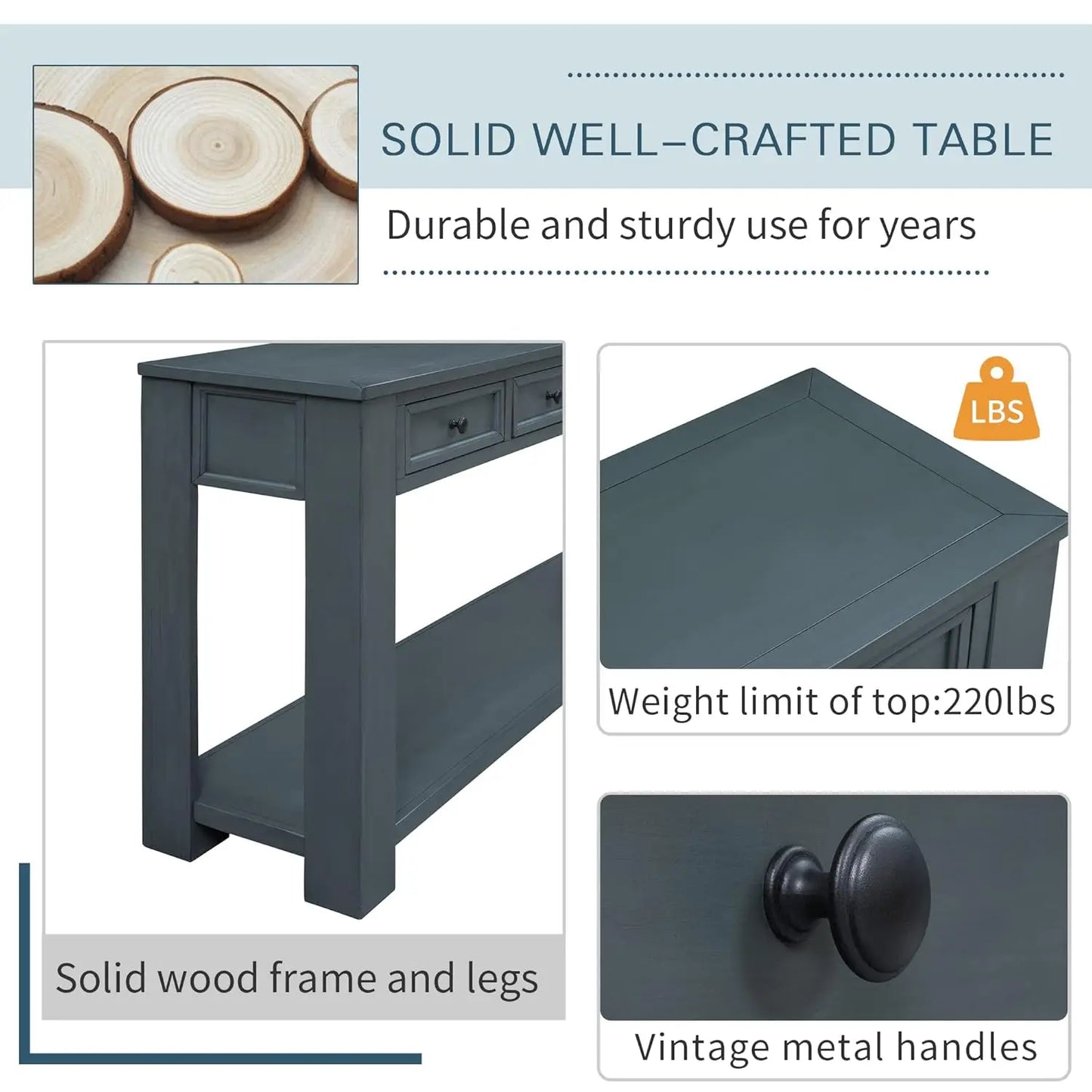 Console Table with 4 Storage Drawers Bottom Shelf, Rustic Distressed Sofa Table for Entryway Hallway, Assembly, Customized