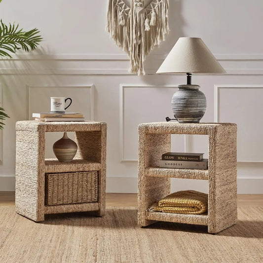 Rattan Nightstand with Two Open Shelves, Seagrass Side Table Coastal Style, Set of 2 (Natural)