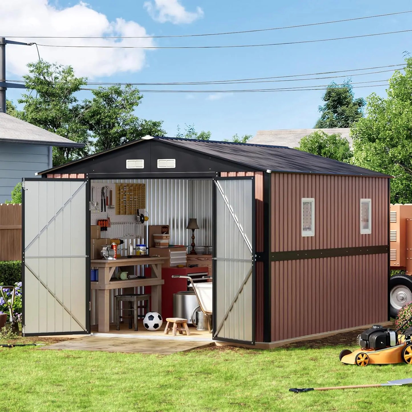 10x12ft Metal Outdoor Storage Shed Lockable Doors 2 Windows Patio Garbage Chicken Coop, Customized