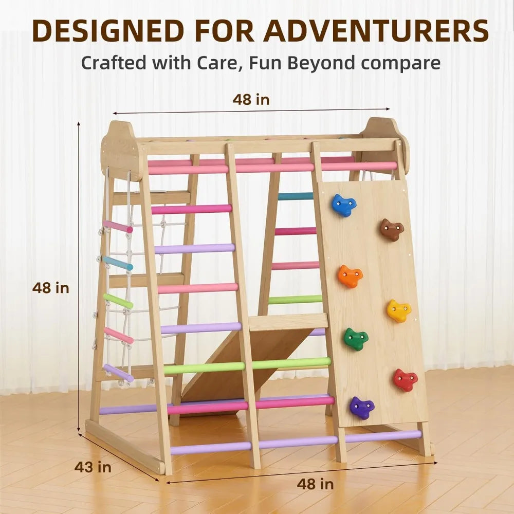 9 in 1 Wooden Indoor Playground: Slide, Swing, Rope Ladder, Climbing Net, Rock Wall, DIY Name Stickers