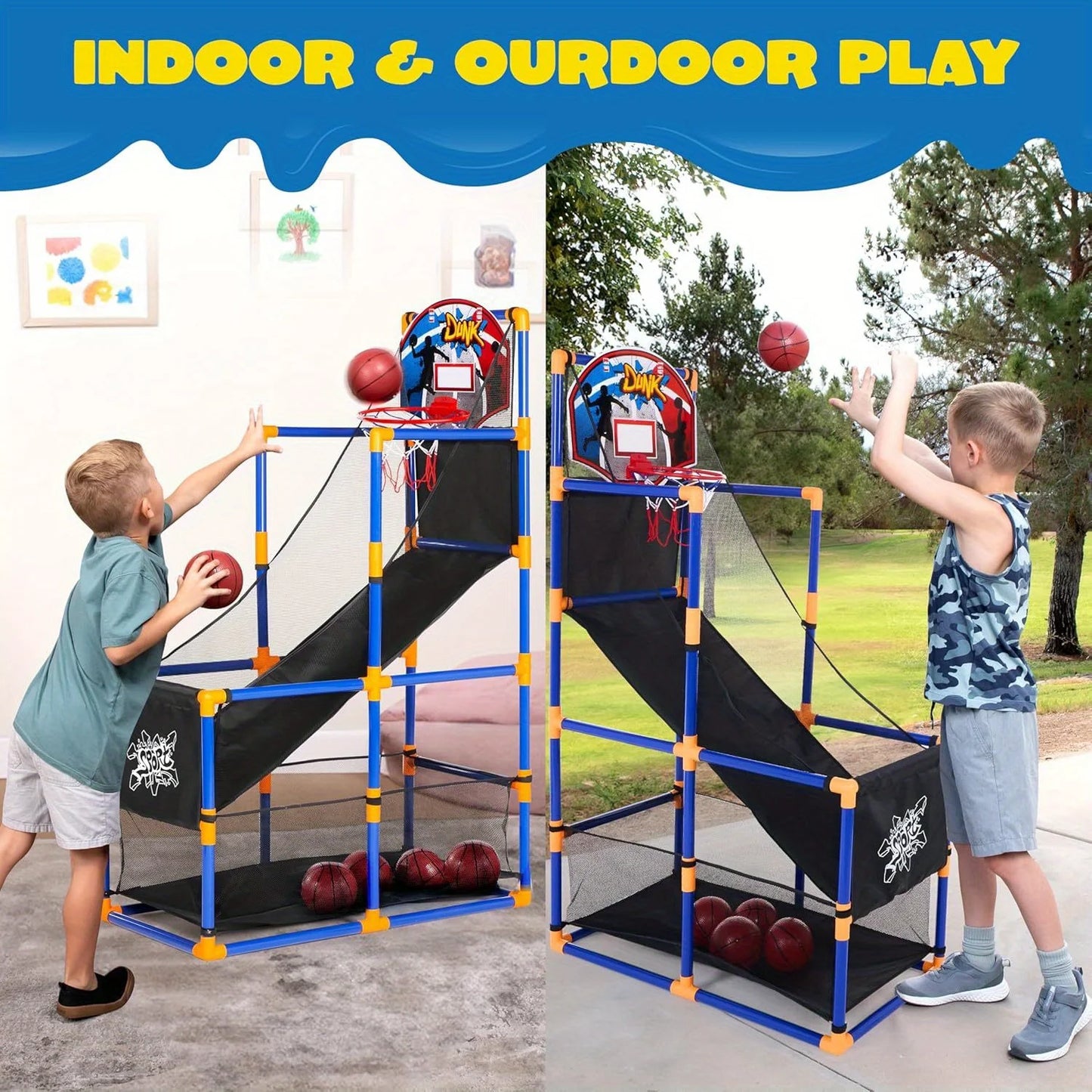 Arcade Basketball Game Set with 4 Balls and Hoop for Kids 3 to 12 Years Old Indoor Outdoor Sport Play Easy Set Up