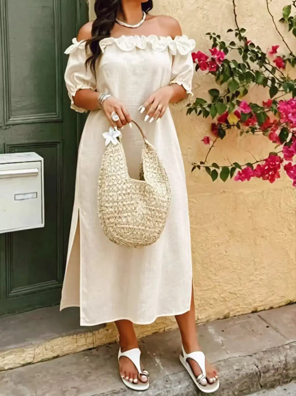 Plus Size Women's Slouchy Slimming Beach Vacation Dress, Off-Shoulder Puff Sleeve Loose Hem Slit Dress