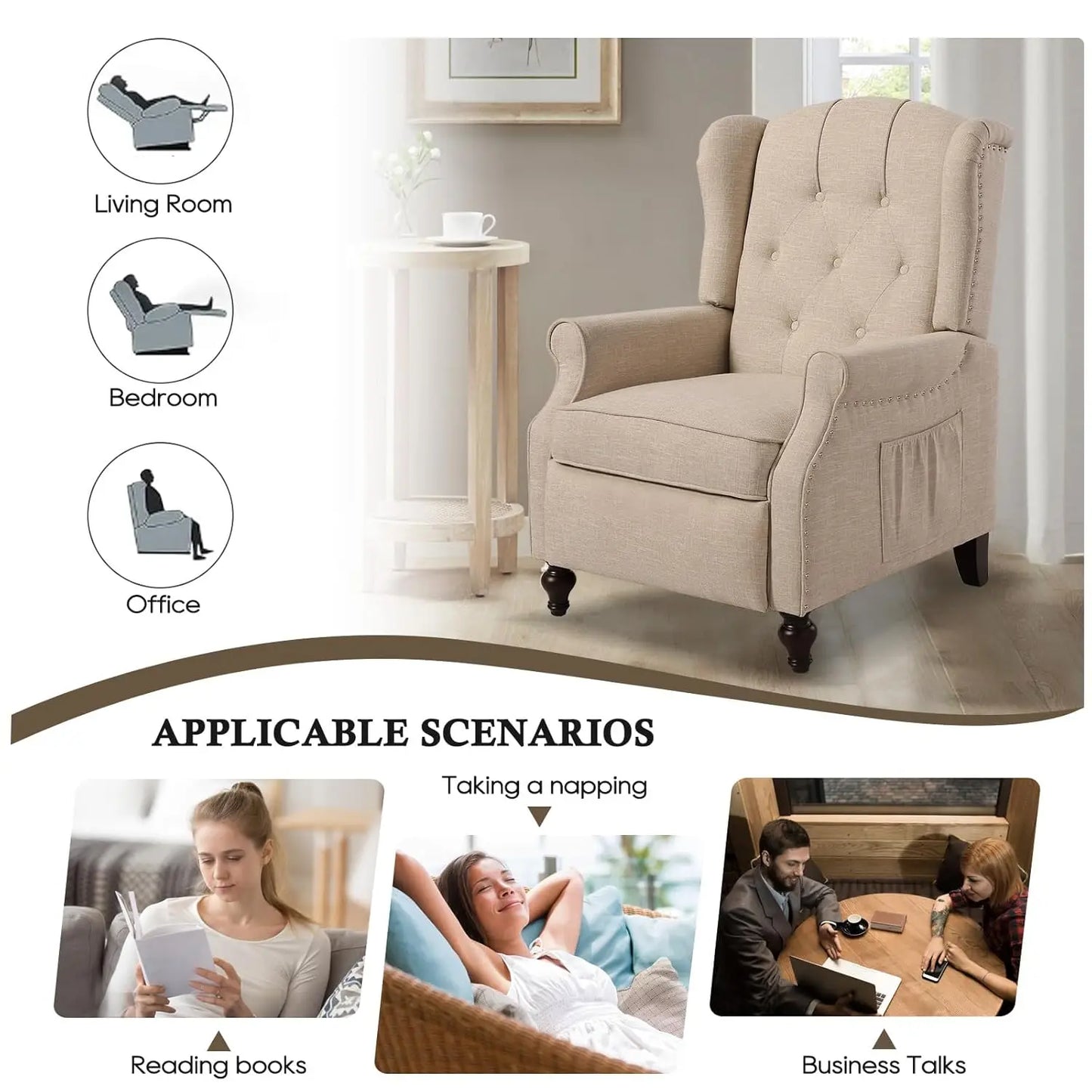 Massage Heat Wingback Recliner Push Back Armchair Living Room Bedroom Home Theater Beige,Customized
