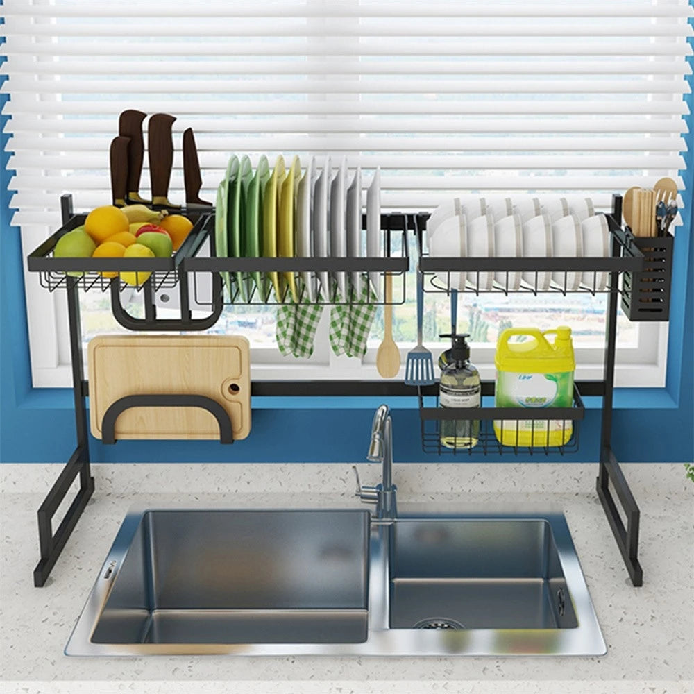 Dish Drying Rack - Over The Sink Dish Drainer Drying Rack with Utensil & Knife Holder, Hooks, Stainless Steel Kitchen Organizers