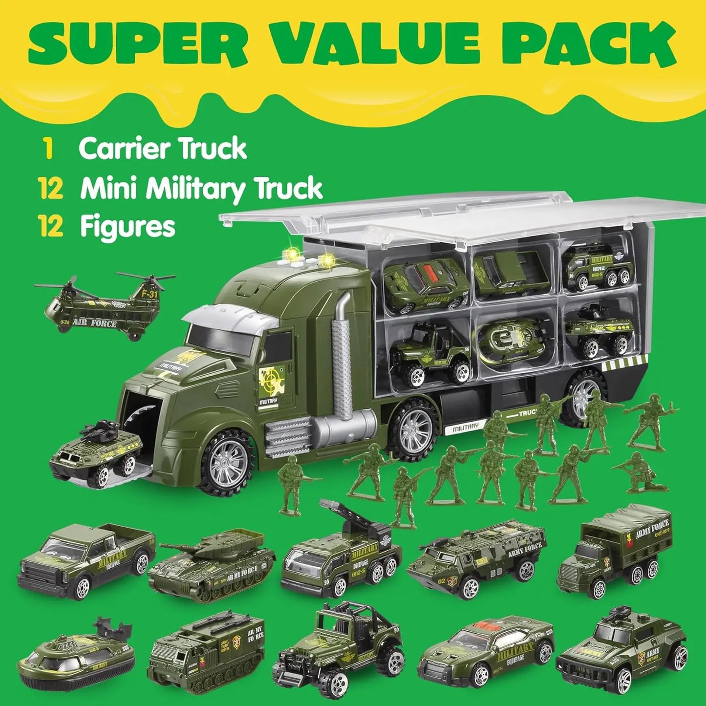 JOYIN 25 in 1 Green Military Big Truck Toys Army Men Tanks Set with Soldier Men Battle Car Toy in Carrier Truck for Boys Gifts