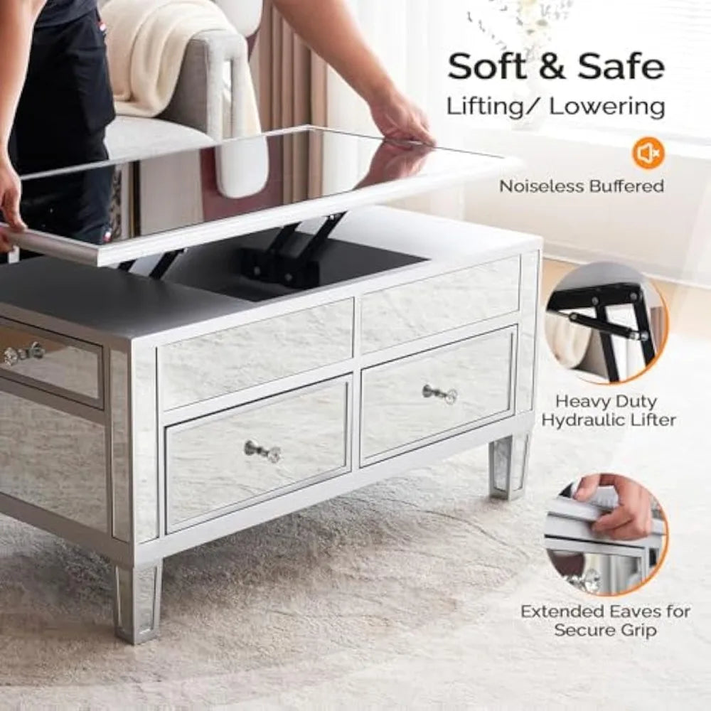 Modern Lift Top Coffee Table with Drawers for Living Room, Silver, 35" x 19" x 18"
