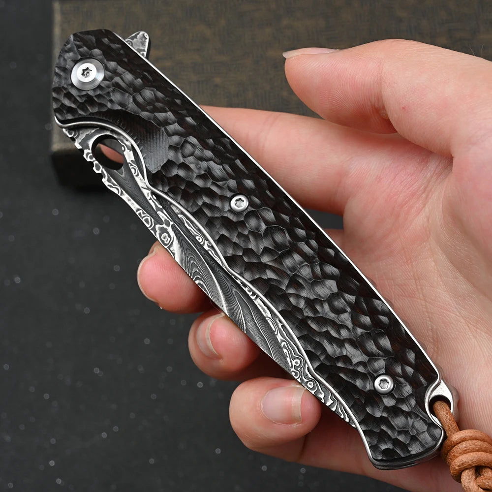 SDOKEDC Folding Knives VG10 Damascus Steel Hand Carved Ebony Pocket Knife Camping Survival Edc Multitool Utility Knife Mens Gift