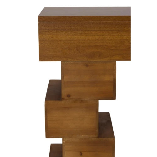 Modern Geometric Block Stacked Wood Console Table With Natural Finish