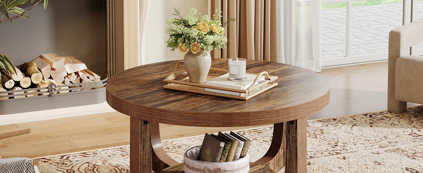 Tribesigns Round Coffee Table, 2-Tier Circle Coffee Table with Storage, Modern Wooden Accent Center Table for Living Room